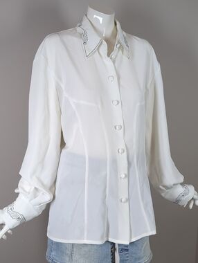Vintage Button Up Blouse Elegant White with Embroidered Collar Jac Dale